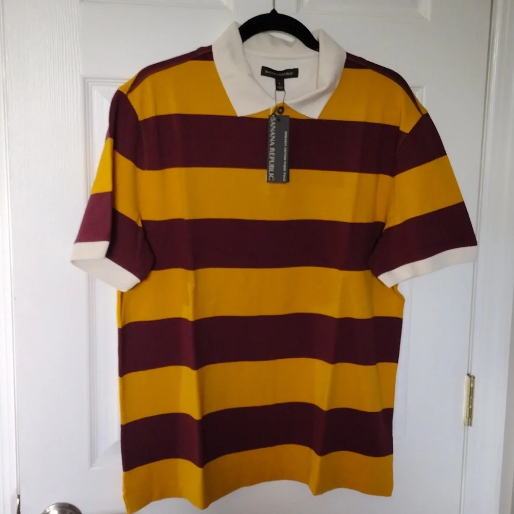 Banana Republic Bold Stripe Yellow Gingko Leaf Organic Cotton Pique Polo